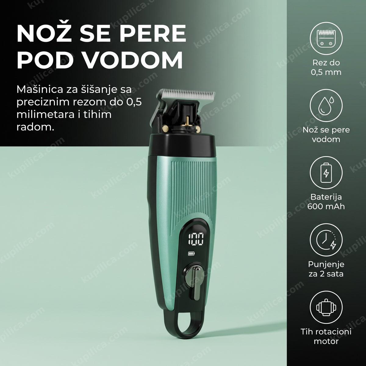 tirkizna mašinica za šišanje kose i brade na bledozelenoj mat pozadini