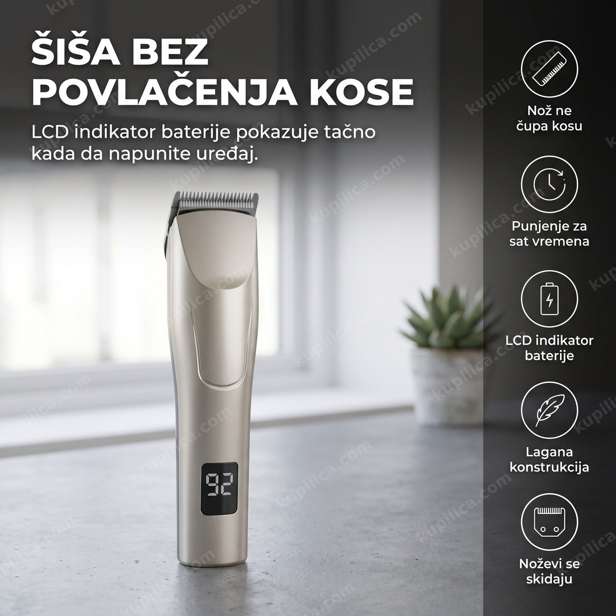 srebrna mašinica za šišanje kose sa LCD indikatorom na betonskoj površini pored biljke