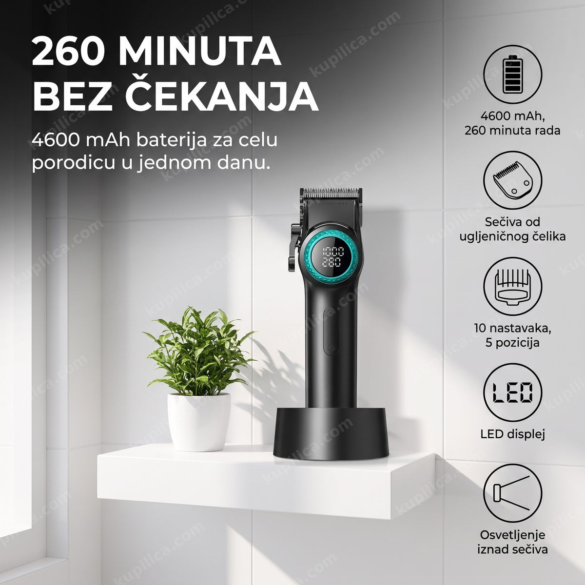 Crna mašinica za šišanje na postolju pored zelene biljke u kupatilu