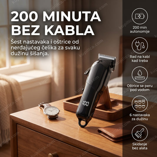 Crna bežična mašinica za šišanje naslonjena na muškoj komodi, benefiti proizvoda