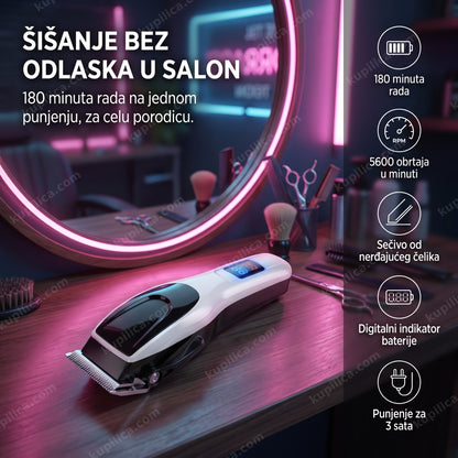 Mašinica za šišanje na barberskom pultu ispred ogledala sa neonskim osvetljenjem