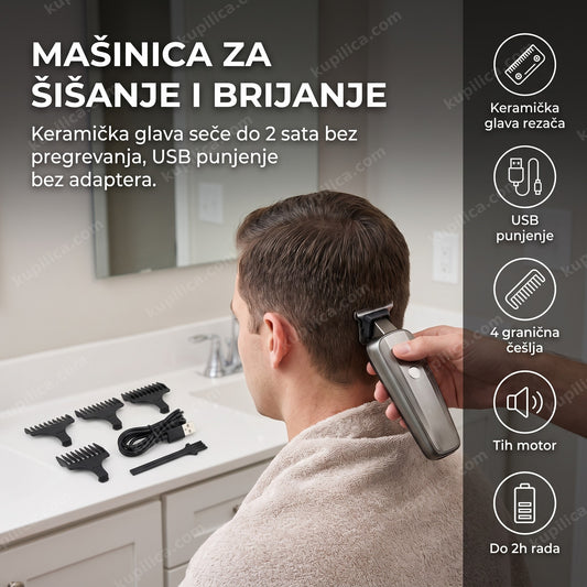 Metalik siva mašinica za šišanje bez natpisa, kućno šišanje uz peškir