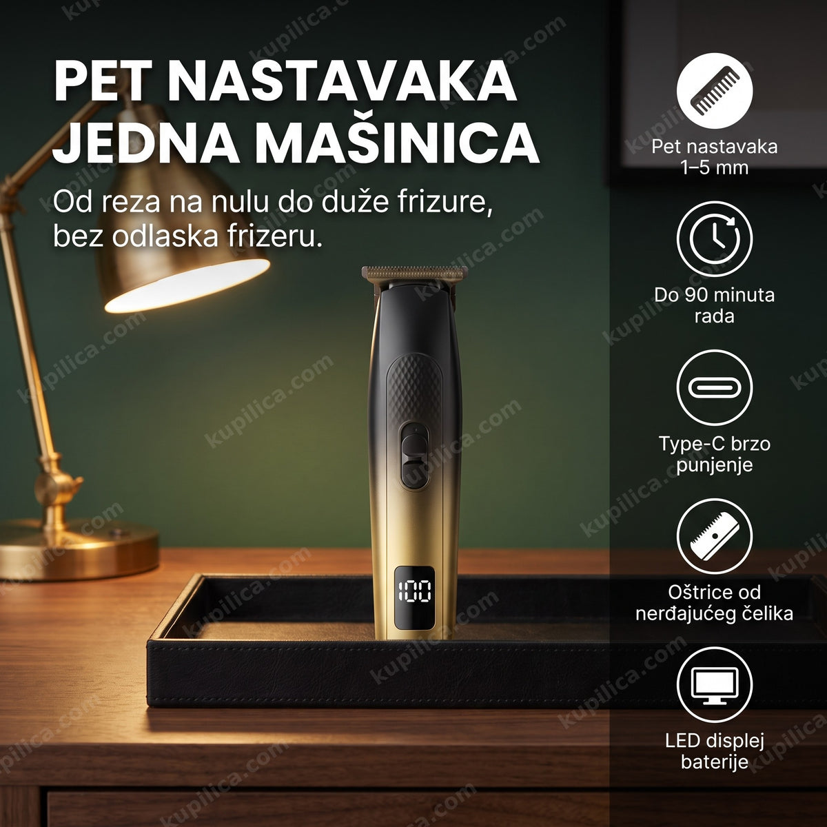 crna mašinica za šišanje sa pet nastavaka i led displejom na radnom stolu