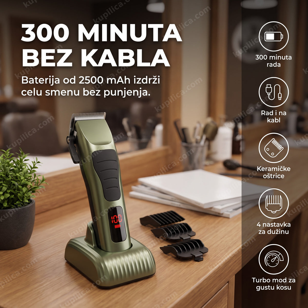 Zelena bežična mašinica za šišanje na stalku u frizerskom salonu