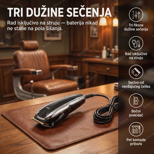 Mašinica za šišanje na kabl u vintage brijačnici na kožnom podmetaču, benefiti proizvoda
