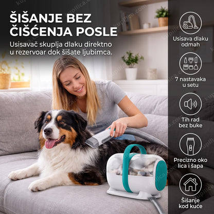 mašinica za šišanje pasa i mačaka sa usisavačem, žena šiša psa na kauču, benefiti proizvoda