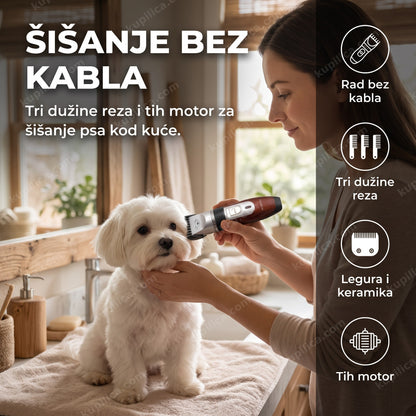 mašinica za šišanje pasa — žena šiša dlaku oko očiju malog psa mašinicom, benefiti proizvoda