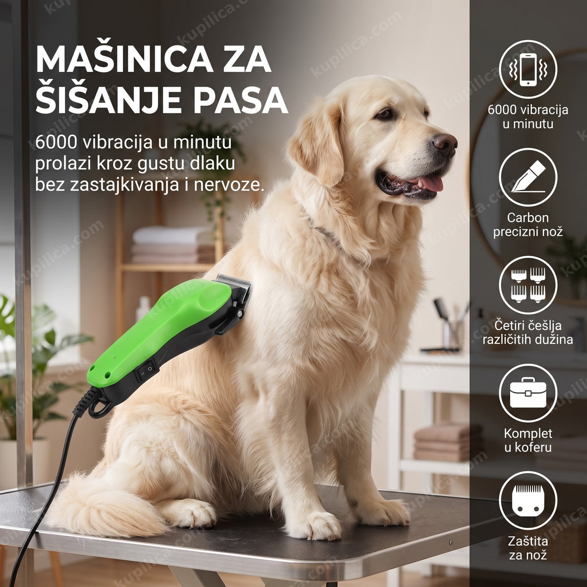 mašinica za šišanje pasa dok pas mirno sedi na stolu za negu, benefiti proizvoda