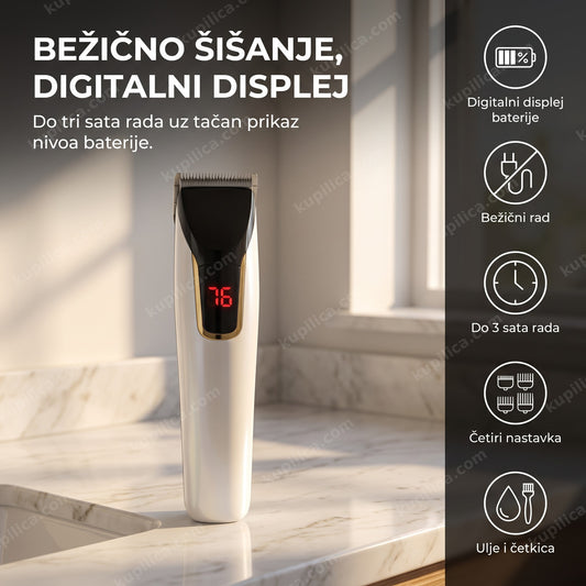 bela bežična mašinica za šišanje sa digitalnim displejom na kupatilskoj polici