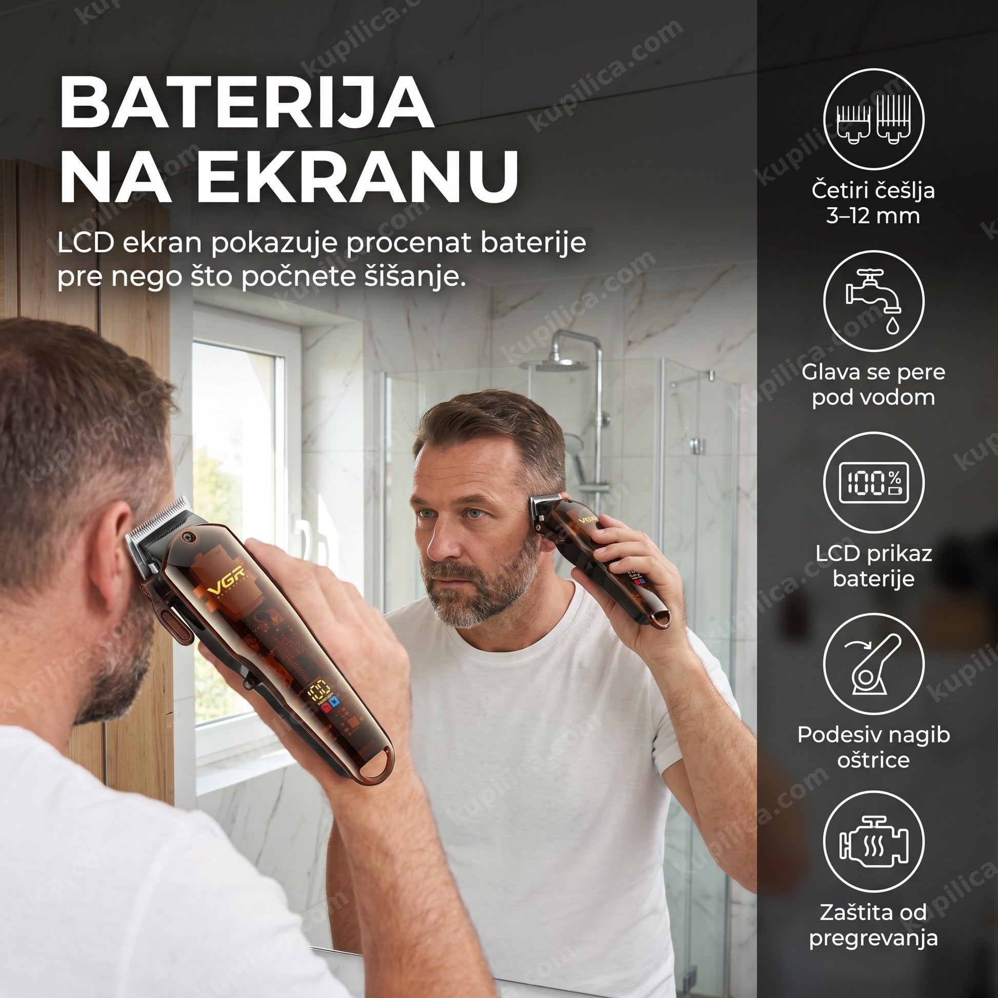 mašinica za šišanje sa lcd ekranom — muškarac proverava bateriju pred šišanje, benefiti proizvoda