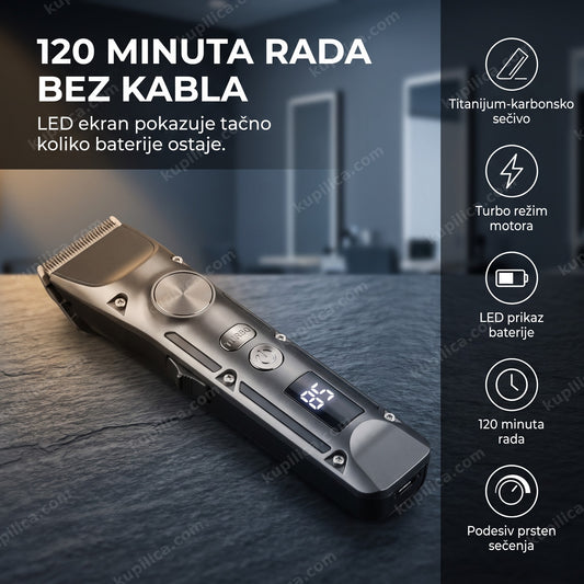 gunmetal mašinica za šišanje sa LED ekranom na tamnoj granitnoj podlozi berbernice