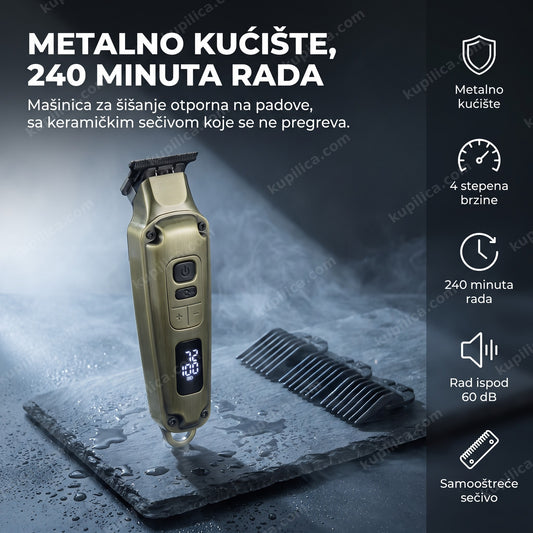 metalna mašinica za šišanje sa metalnim kućištem na tamnoj škriljčastoj ploči