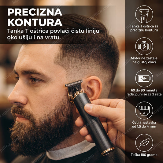 mašinica za šišanje Vintage T9 pravi konturu oko ušiju kod muškarca sa bradom, benefiti proizvoda