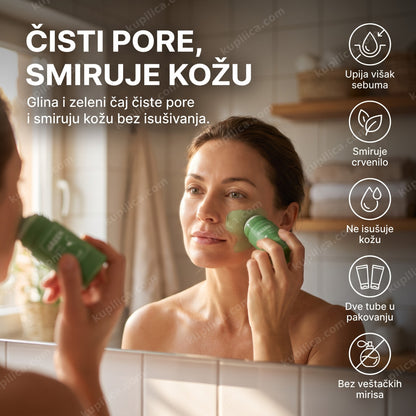 maska od gline i zelenog čaja nanesena na lice odrasle žene, benefiti proizvoda