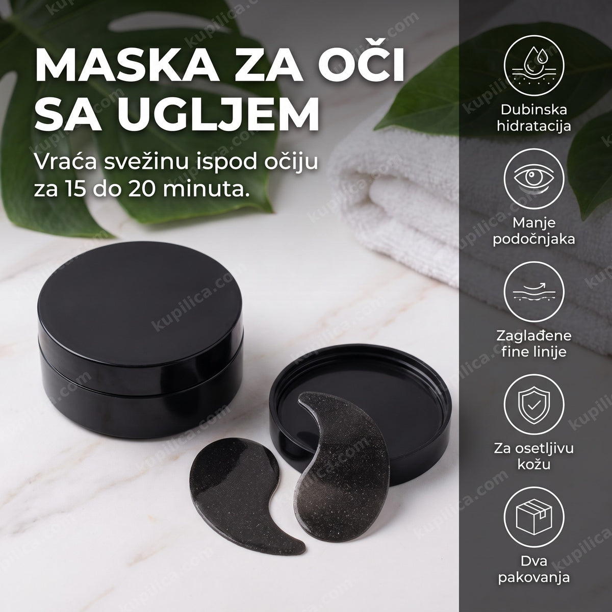 Maska za oči sa bambusovim ugljem flat-lay na spa stolu, benefiti proizvoda