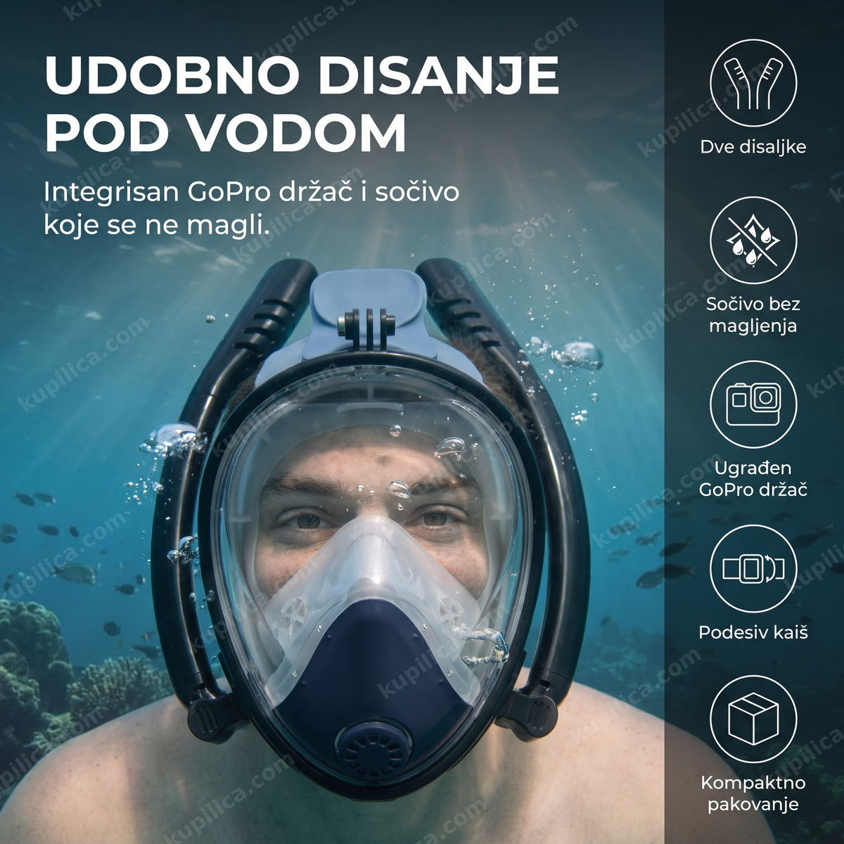 Odrasla osoba roni pod vodom u maski sa GoPro držačem, mehurići vazduha