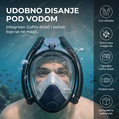 Odrasla osoba roni pod vodom u maski sa GoPro držačem, mehurići vazduha