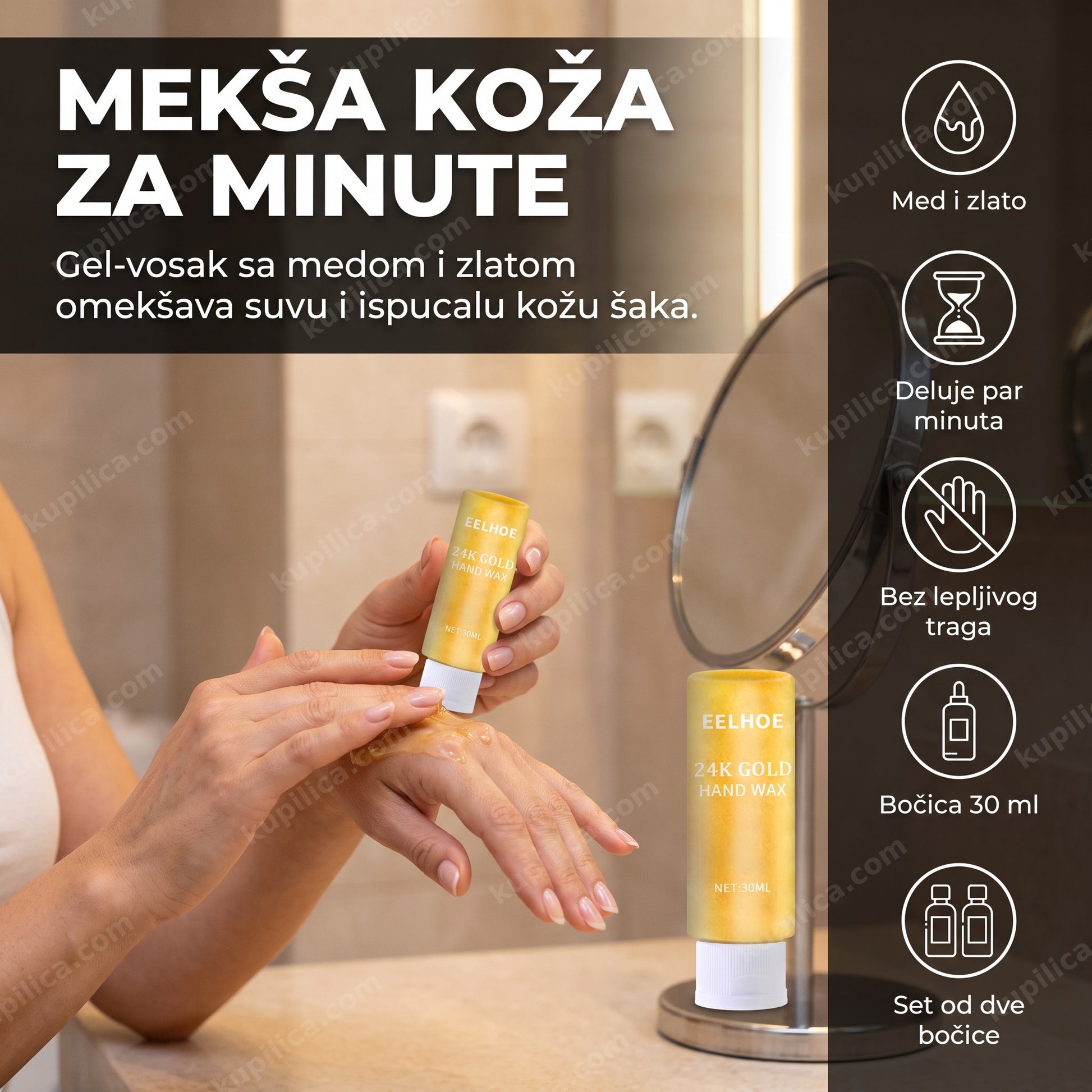 Maska za ruke EELHOE 24K Gold sa medom — žena nanosi gel-vosak na ruke za stolom, dve bočice od 30 ml u setu