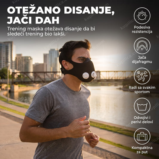 maska za trening koju sportista nosi dok trči pored reke i benefiti proizvoda