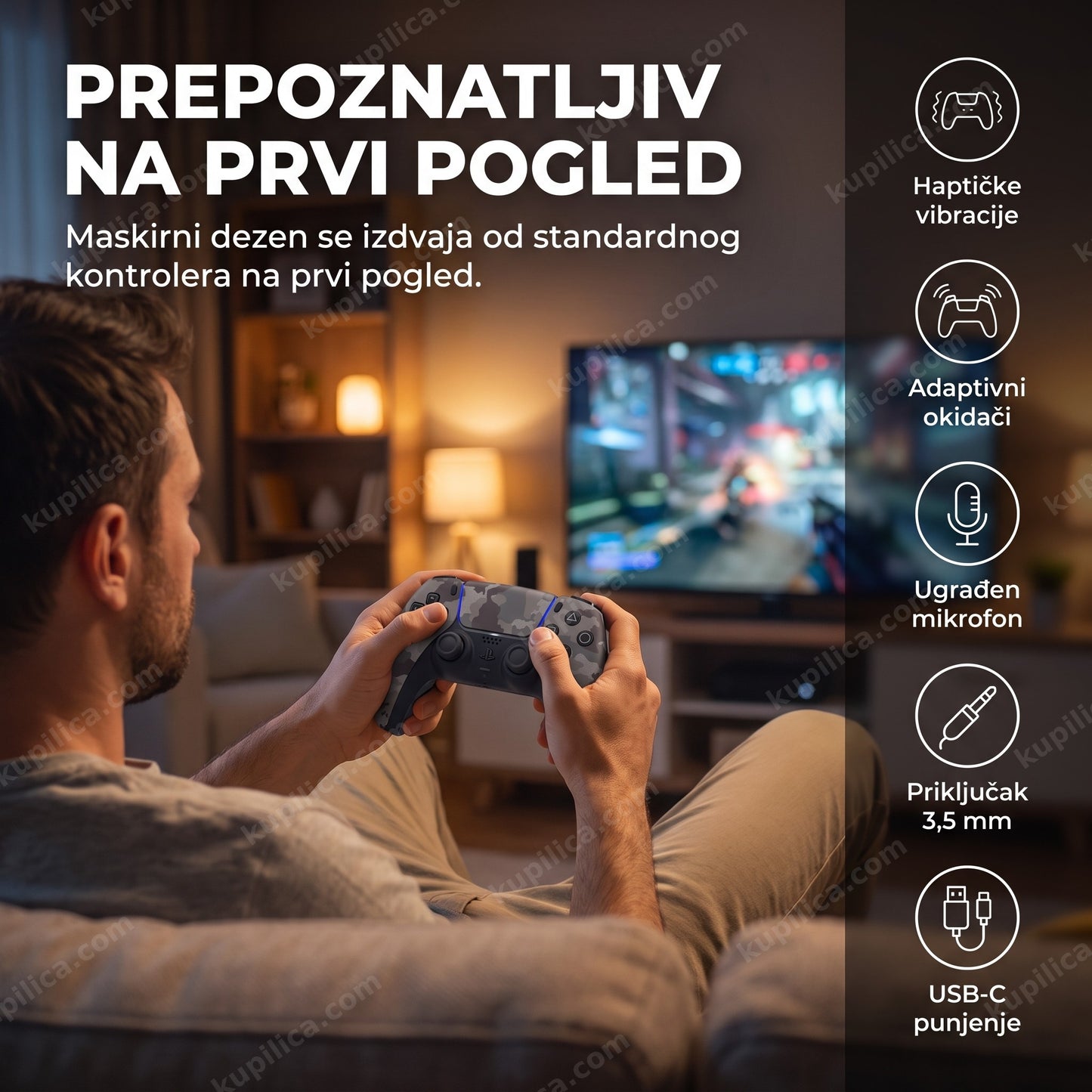 maskirni džojstik za ps5 — osoba drži sivo-maskirni kontroler dok igra, benefiti proizvoda