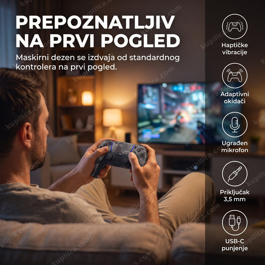 maskirni džojstik za ps5 — osoba drži sivo-maskirni kontroler dok igra, benefiti proizvoda