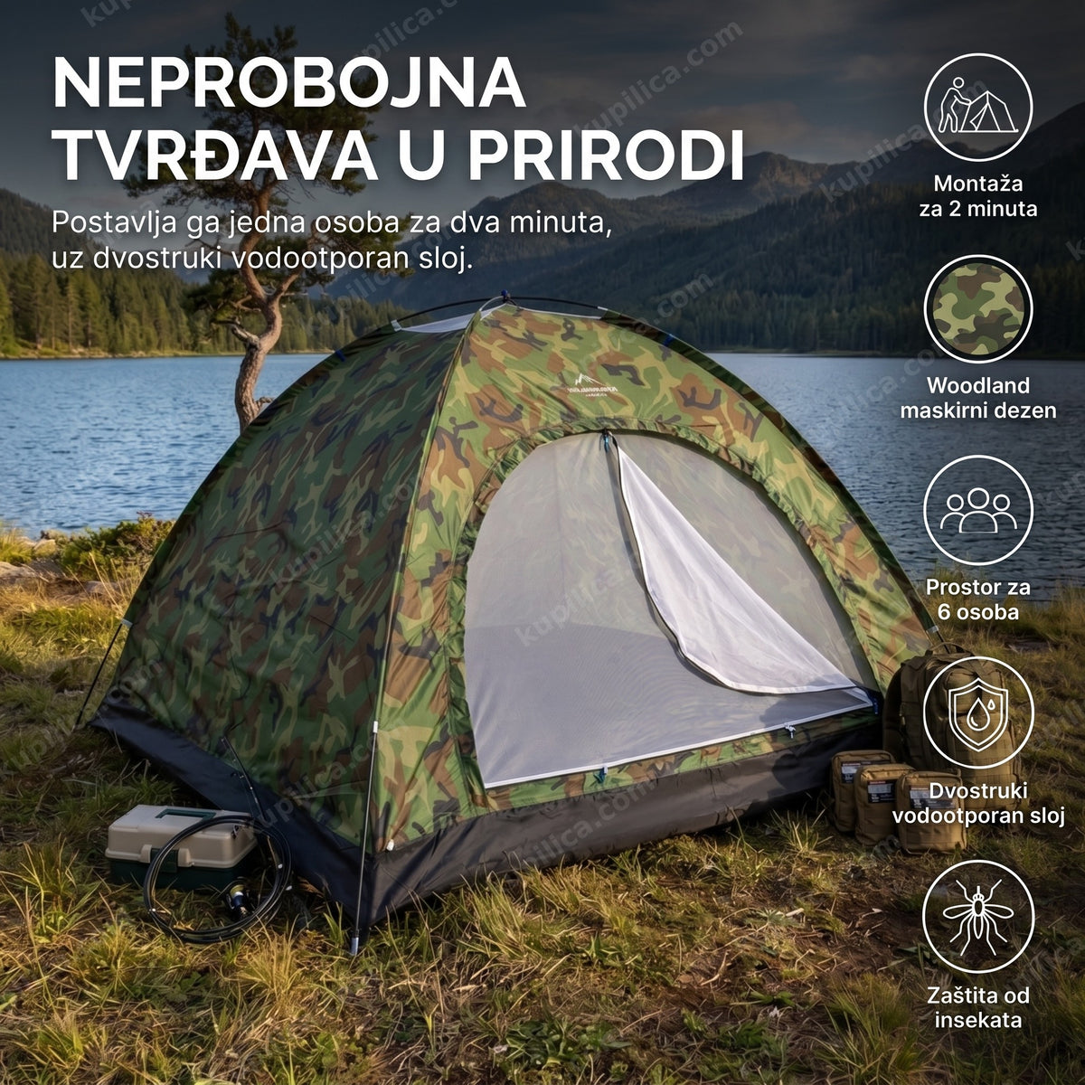 maskirni šator za kampovanje u woodland dezenu pored jezera, benefiti proizvoda