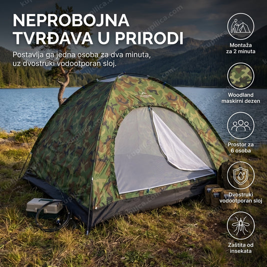 maskirni šator za kampovanje u woodland dezenu pored jezera, benefiti proizvoda