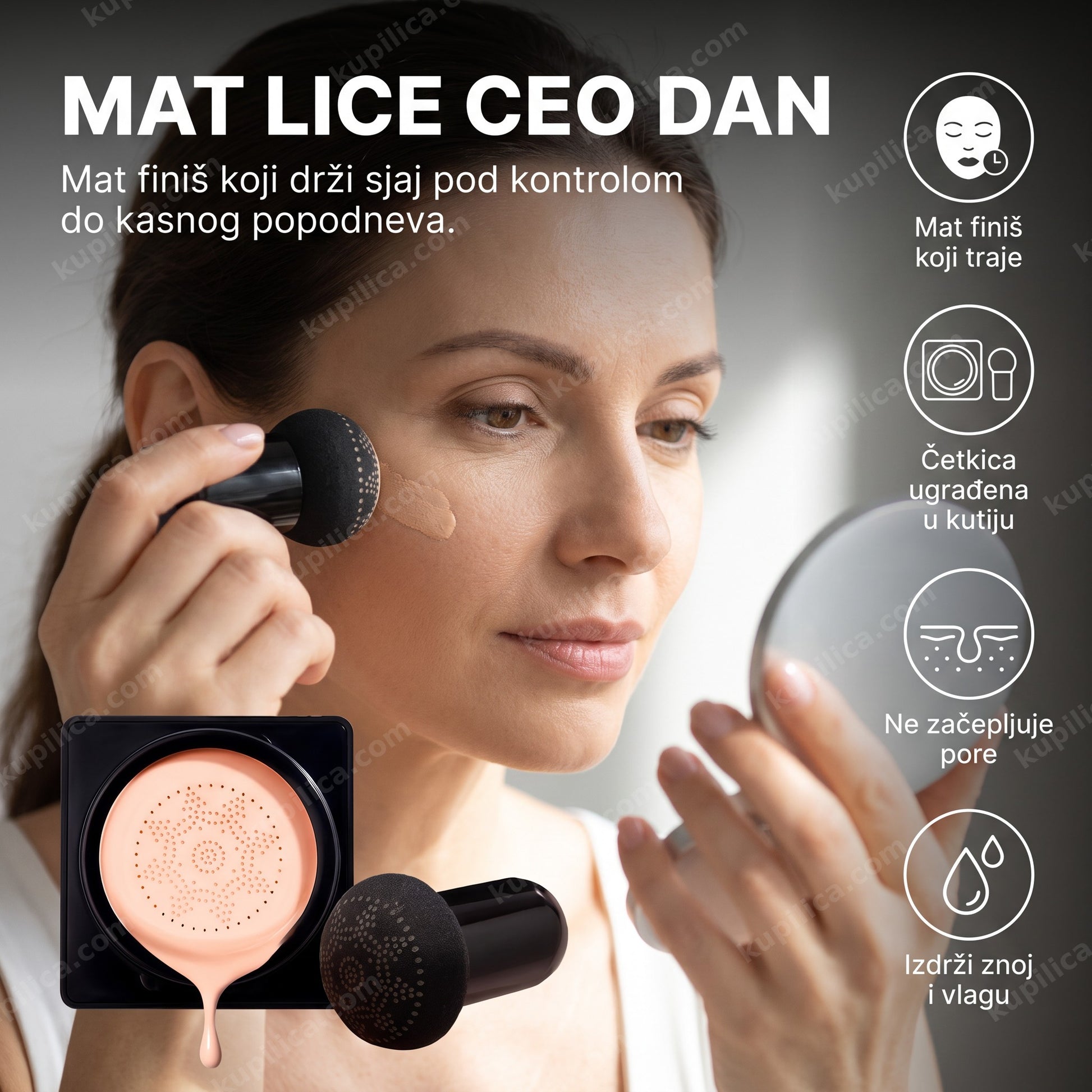 mat puder za lice — žena nanosi kompaktni puder ugrađenom četkicom ispred ogledala
