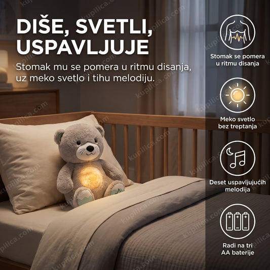 Meda spavalica 3u1 u zamračenoj dečijoj sobi noću, meko svetlo bez dece na slici — benefiti proizvoda
