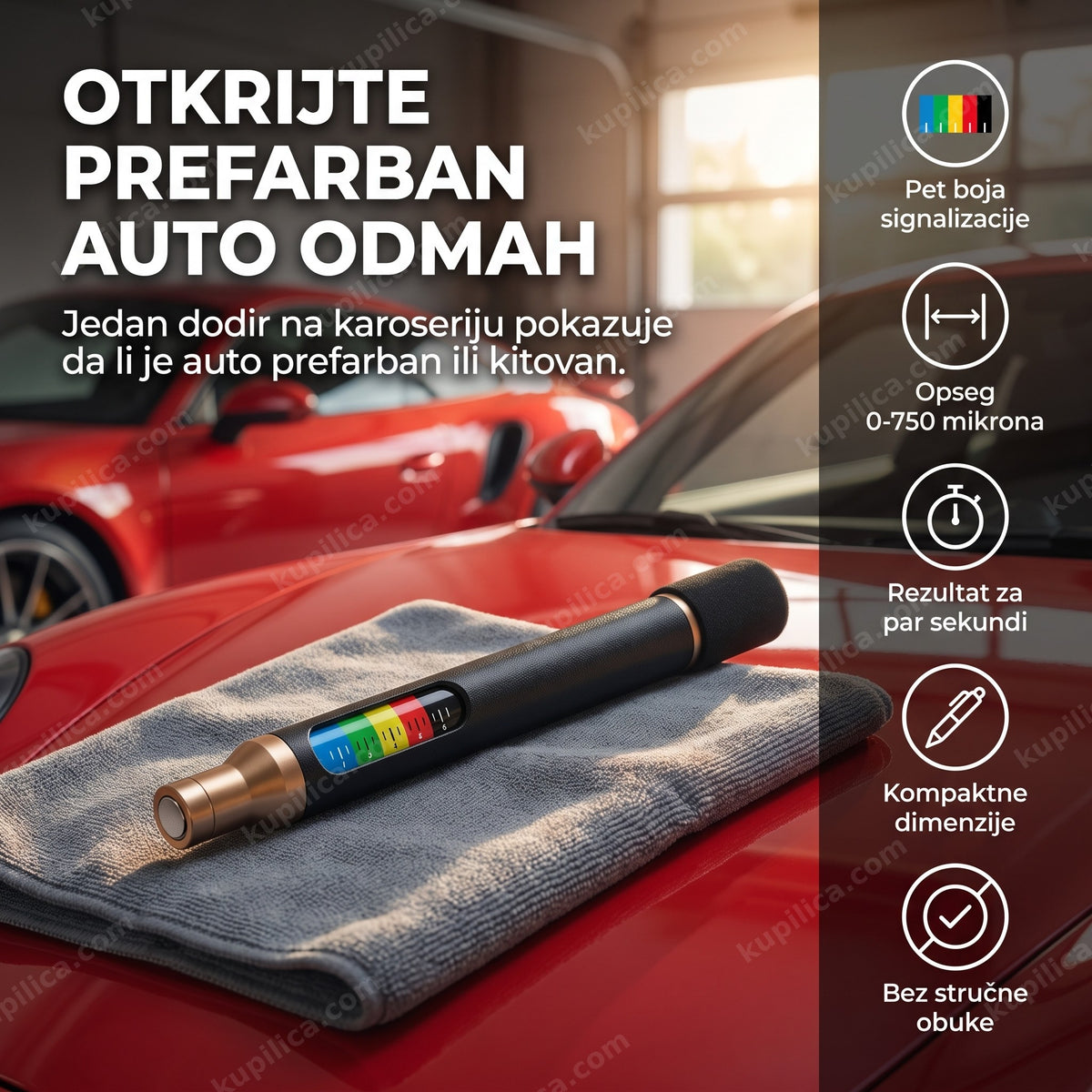 merač debljine laka automobila naslonjen na krilo crvenog automobila