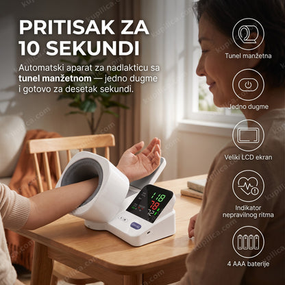 Merač krvnog pritiska KWL-819 — odrasla osoba meri pritisak automatskim aparatom sa tunel manžetnom za nadlakticu, rezultat za desetak sekundi