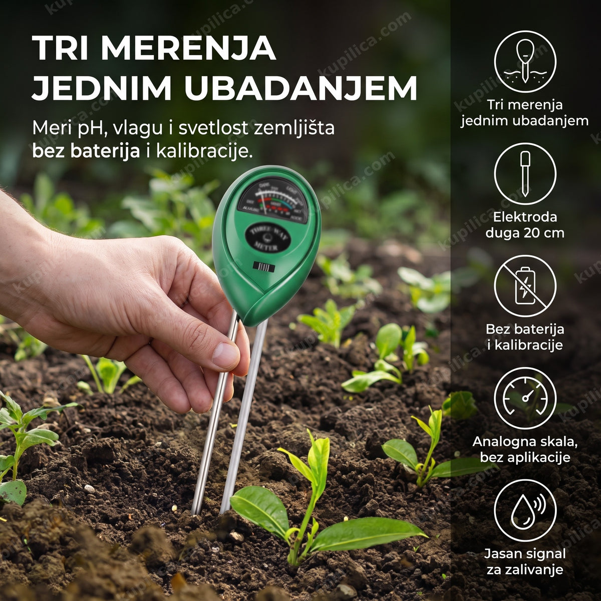 sonda merača ph vrednosti zabodena u baštensku zemlju pored mladih biljaka, benefiti proizvoda
