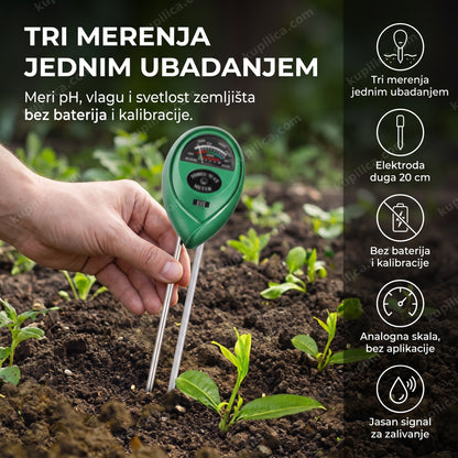 sonda merača ph vrednosti zabodena u baštensku zemlju pored mladih biljaka, benefiti proizvoda