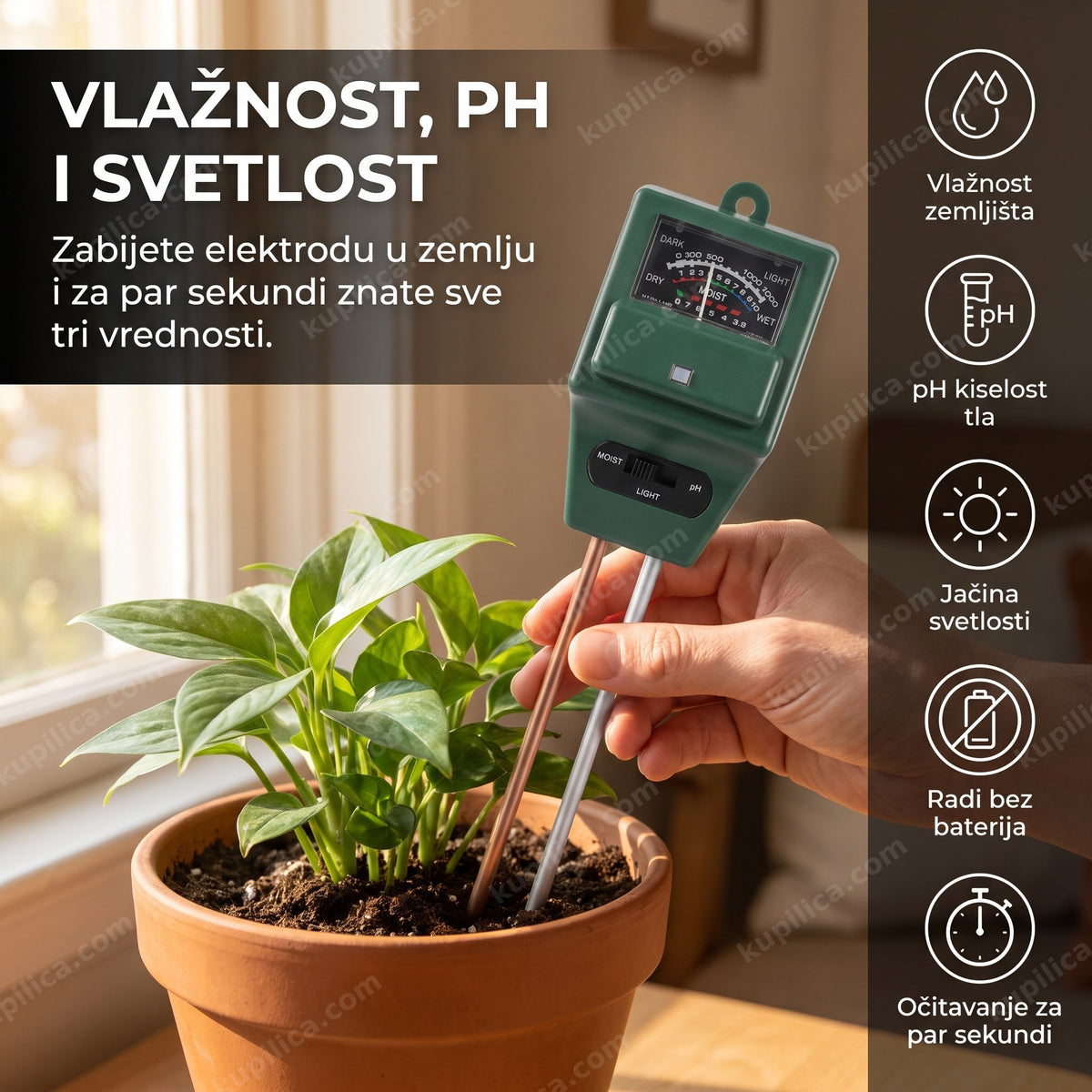 merač vlažnosti zemljišta u saksiji sobne biljke, benefiti proizvoda