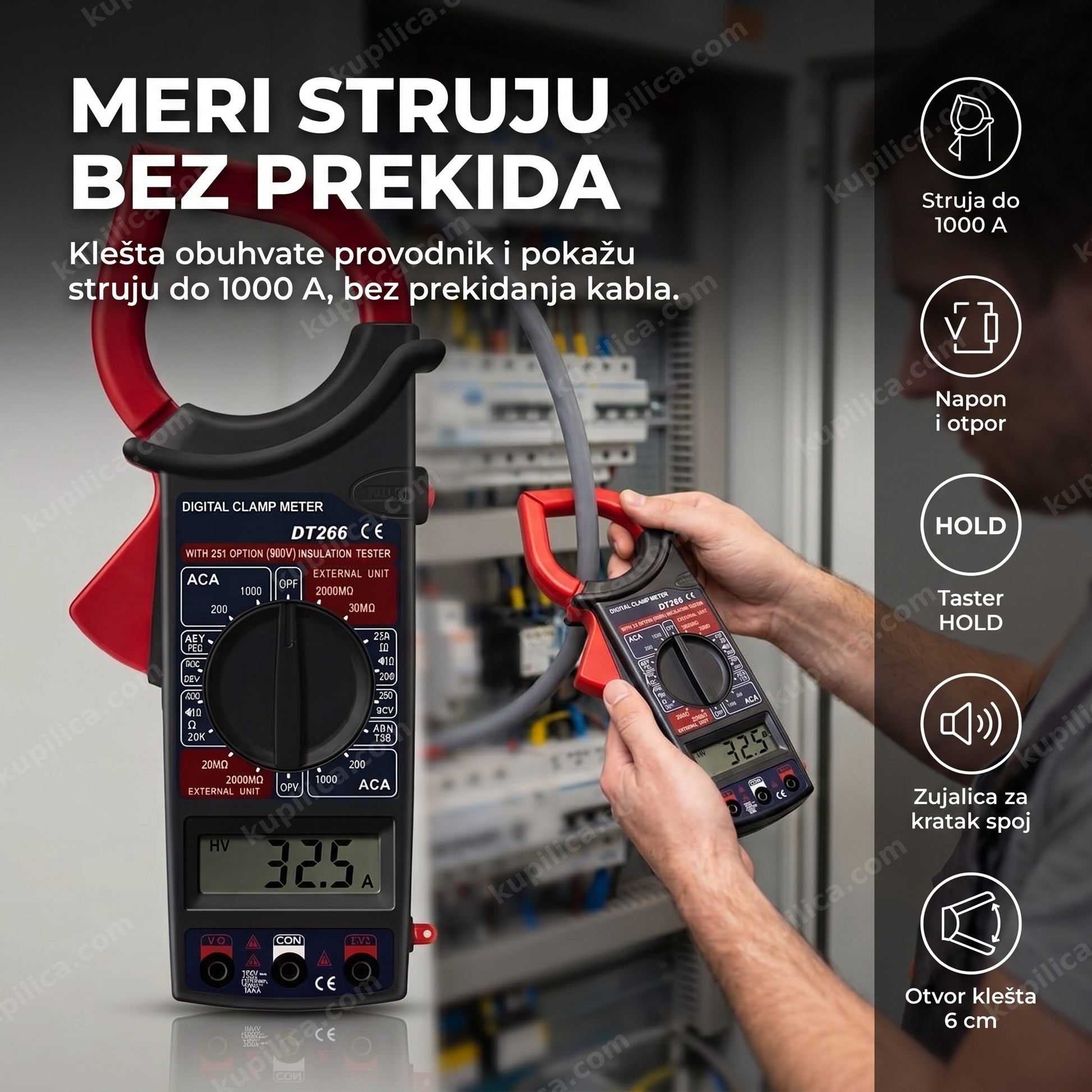 meri struju bez prekida — merenje struje amper kleštima DT-266 u razvodnom ormanu, benefiti proizvoda