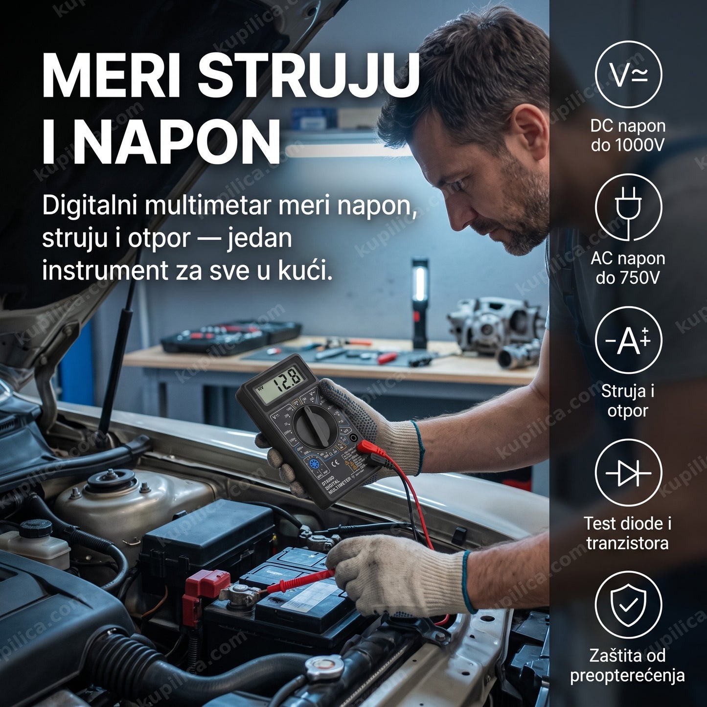 meri struju i napon — merenje napona akumulatora digitalnim multimetrom DT830B u garaži, benefiti proizvoda