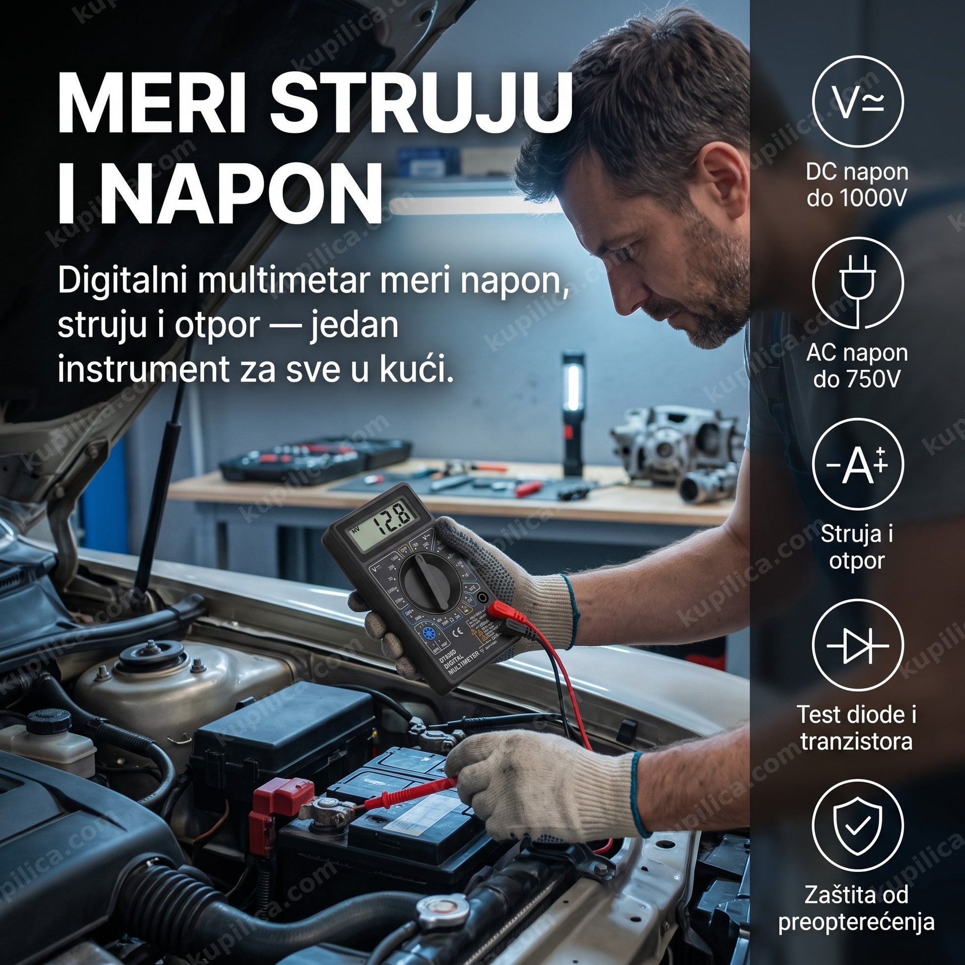 meri struju i napon — merenje napona akumulatora digitalnim multimetrom DT830B u garaži, benefiti proizvoda