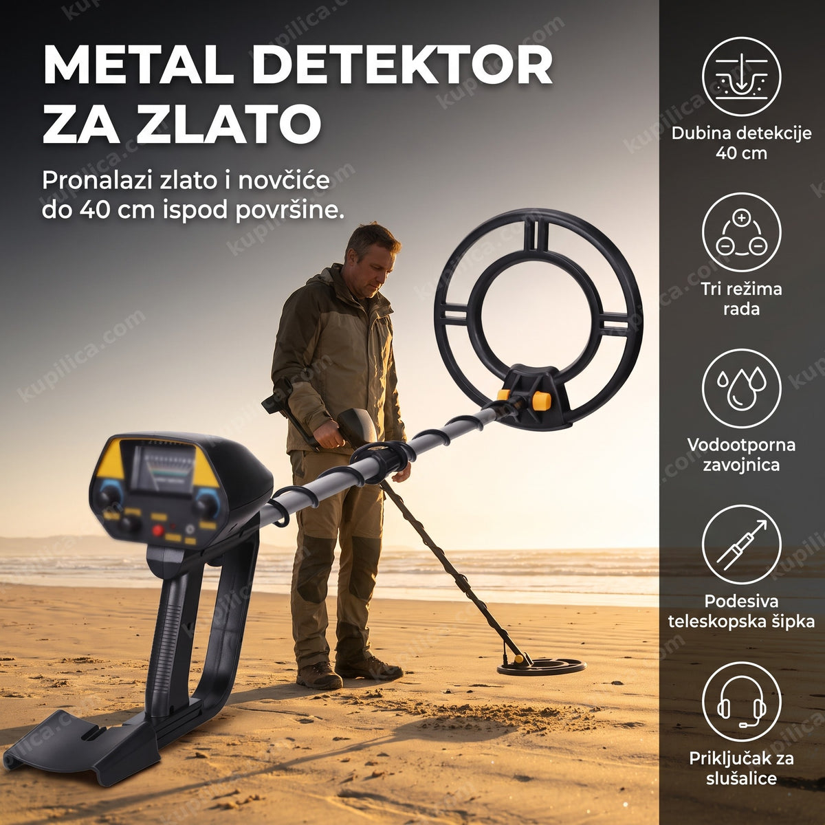 Osoba na plaži koristi metal detektor u potrazi za zlatom i novčićima