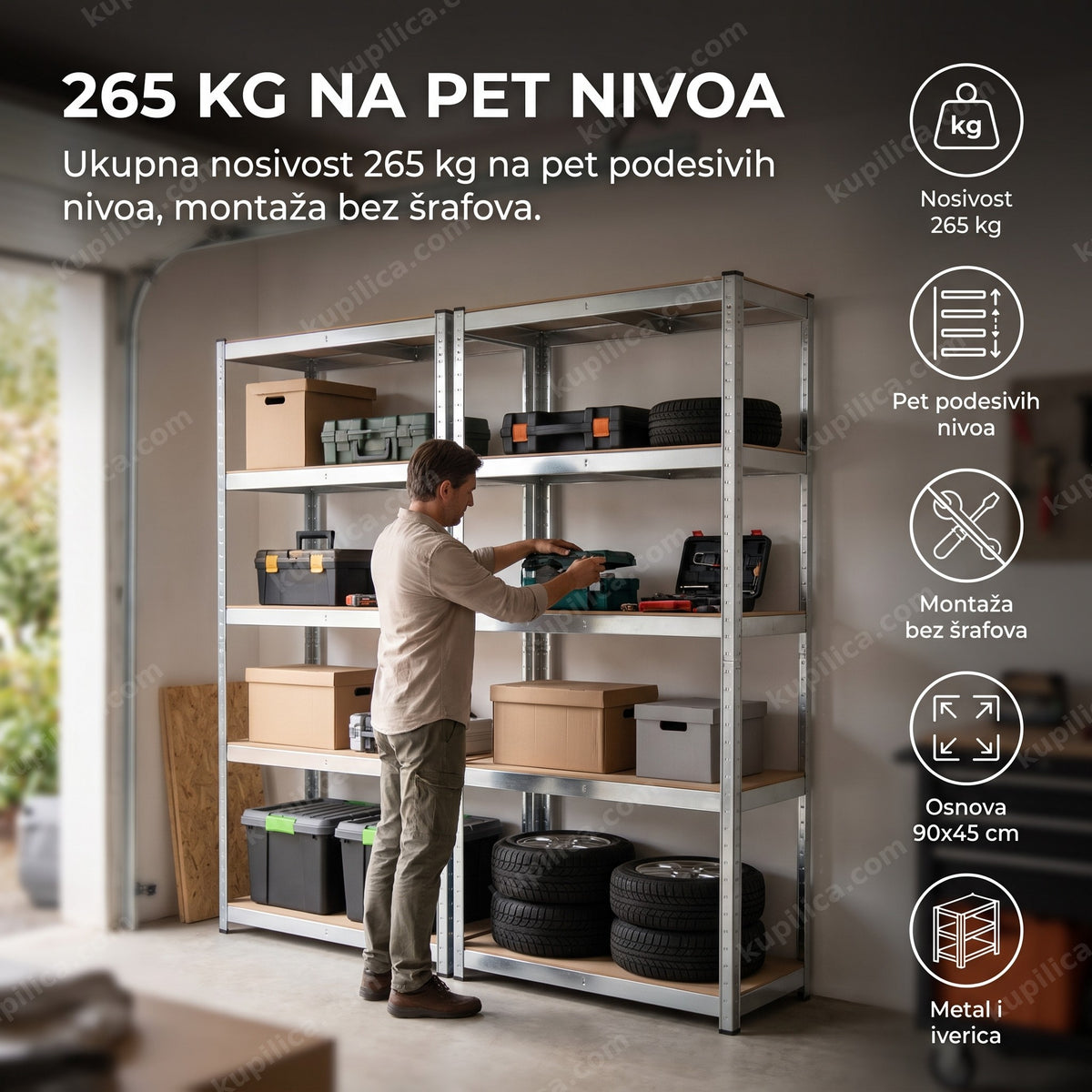 Metalna montažna polica sa 5 nivoa u garaži sa prikazom benefita proizvoda