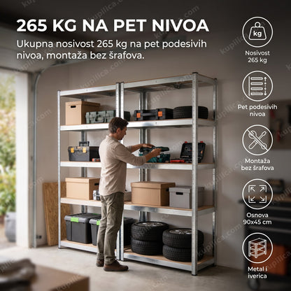 Metalna montažna polica sa 5 nivoa u garaži sa prikazom benefita proizvoda