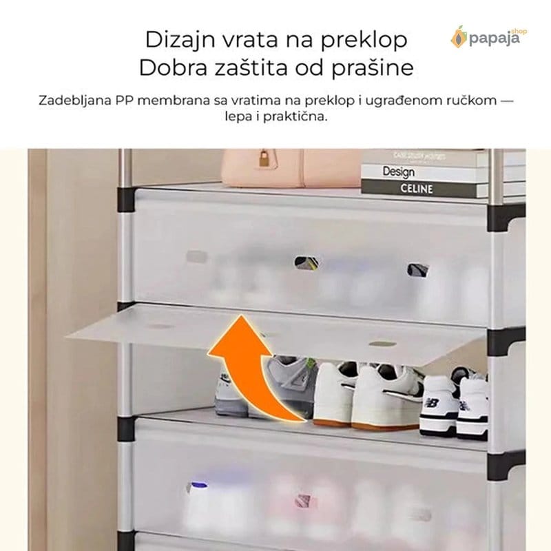 ruka podiže providna vrata na preklop police iznad para patika