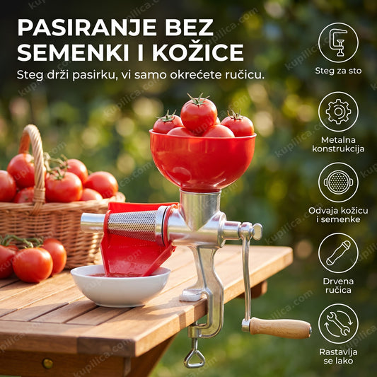 metalna ručna pasirka za paradajz pričvršćena stegom za drveni sto