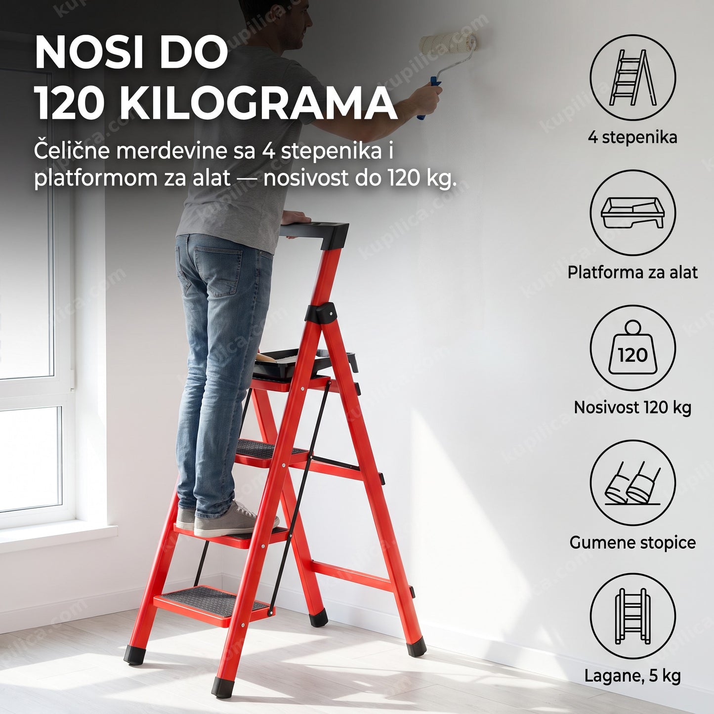 Metalne merdevine sa 4 stepenika i platformom za alat — odrasla osoba boji zid, alat odložen na gornjoj platformi, nosivost do 120 kg