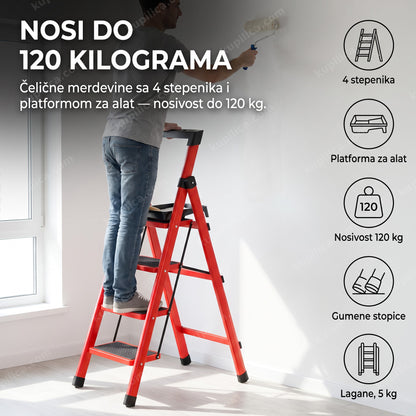 Metalne merdevine sa 4 stepenika i platformom za alat — odrasla osoba boji zid, alat odložen na gornjoj platformi, nosivost do 120 kg