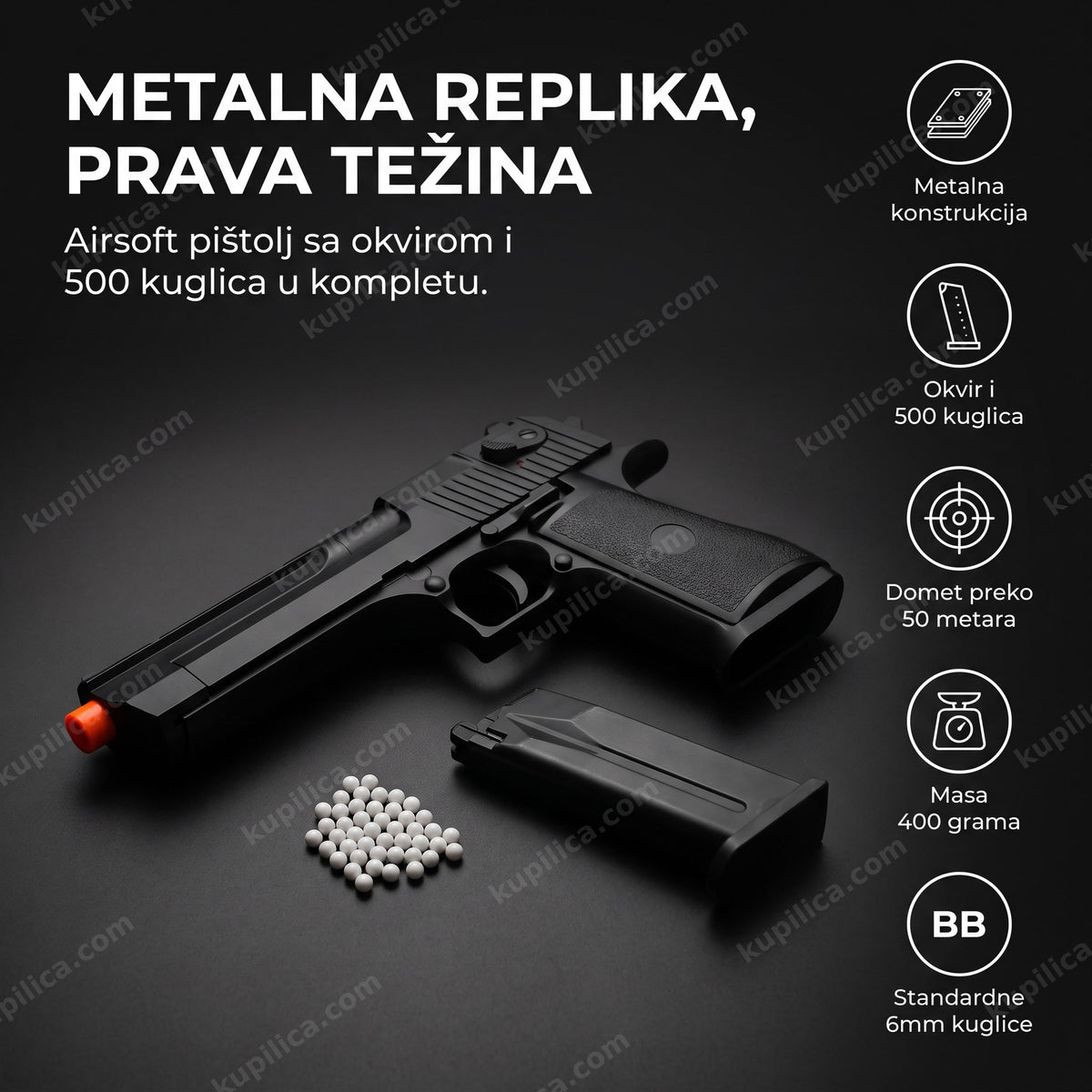crni metalni airsoft pištolj sa kuglicama i narandžastim vrhom cevi