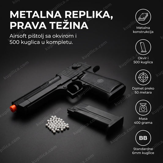 crni metalni airsoft pištolj sa kuglicama i narandžastim vrhom cevi