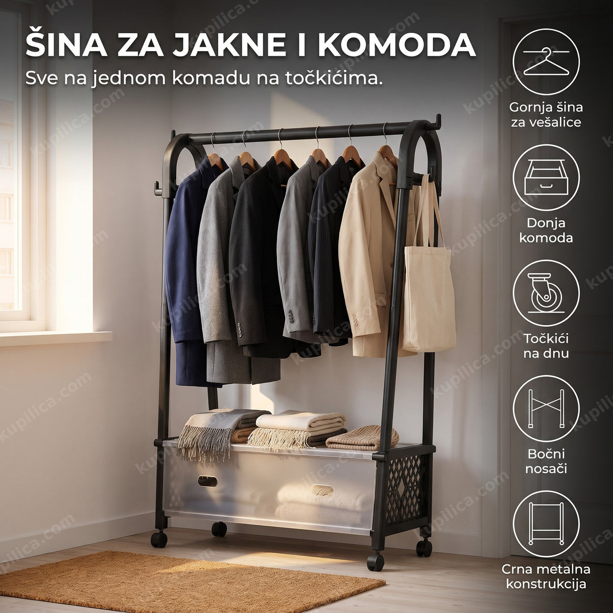 metalni štender za odeću sa komodom i točkićima u predsoblju sa jaknama