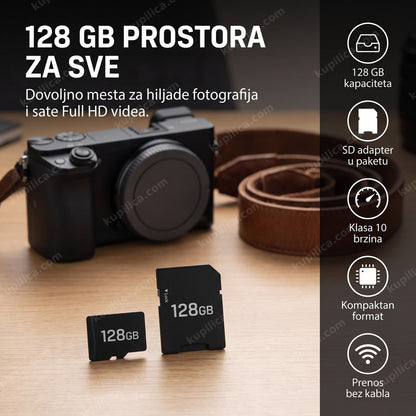 microSD kartica 128 GB sa SD adapterom pored fotoaparata na drvenom stolu