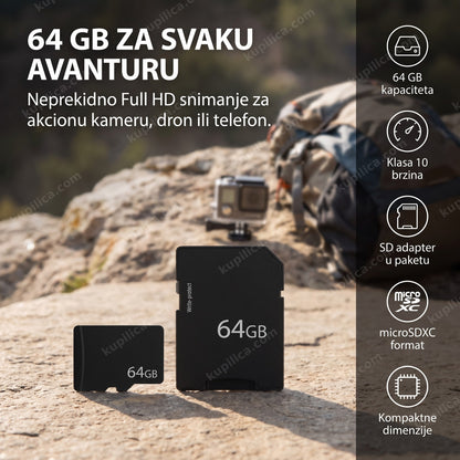 microSD kartica 64GB sa SD adapterom pored akcione kamere na kamenu