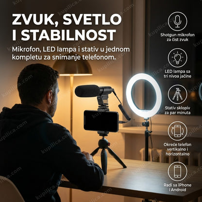 Mikrofon, LED lampa i stativ za telefon na stolu za vlogovanje, benefiti proizvoda